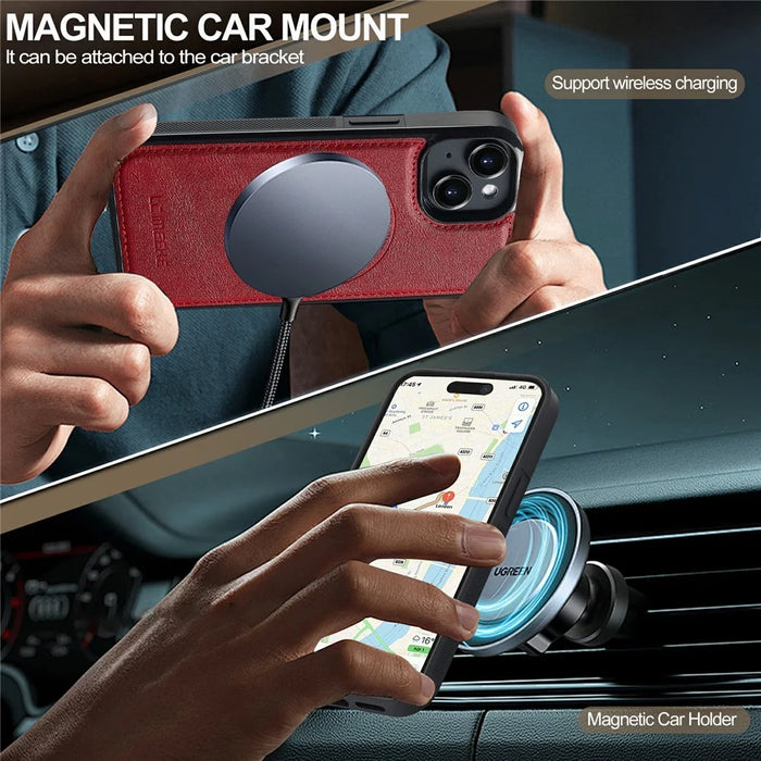 LC.IMEEKE L5 For iPhone 15 Plus Magnetic Phone Case Leather Back Cover with Detachable Card Holder - Red - 4