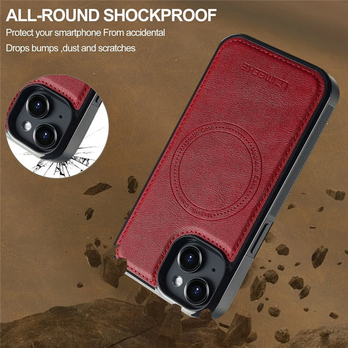 LC.IMEEKE L5 For iPhone 15 Plus Magnetic Phone Case Leather Back Cover with Detachable Card Holder - Red - 5
