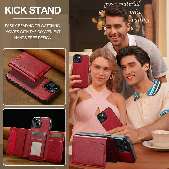 LC.IMEEKE L5 For iPhone 15 Plus Magnetic Phone Case Leather Back Cover with Detachable Card Holder - Red - 6