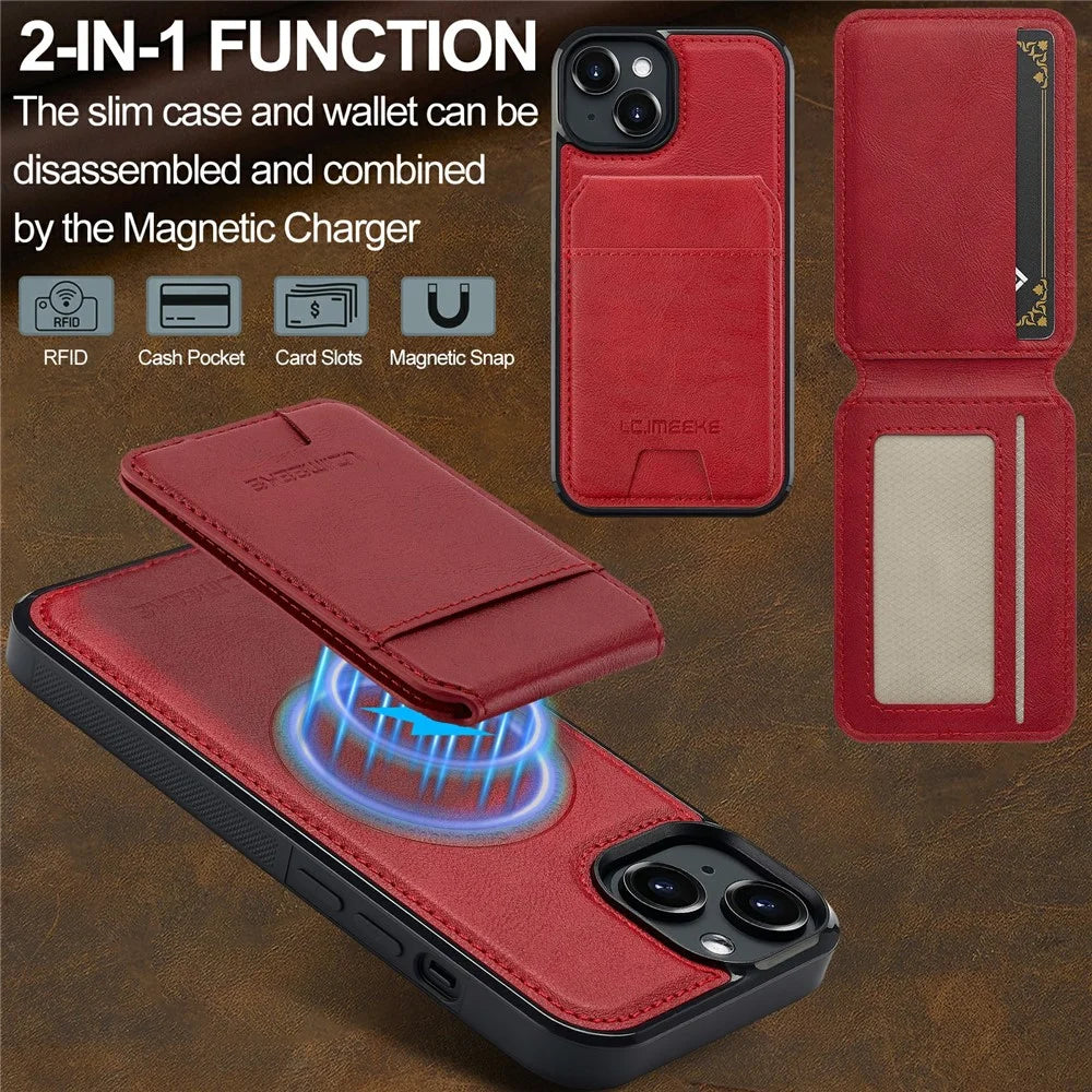 LC.IMEEKE L3 For iPhone 15 Plus Magnetic Case Detachable Card Holder Leather+TPU Mobile Cover - Red - 4
