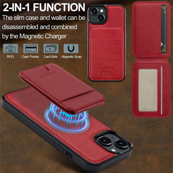 LC.IMEEKE L3 For iPhone 15 Plus Magnetic Case Detachable Card Holder Leather+TPU Mobile Cover - Red - 4