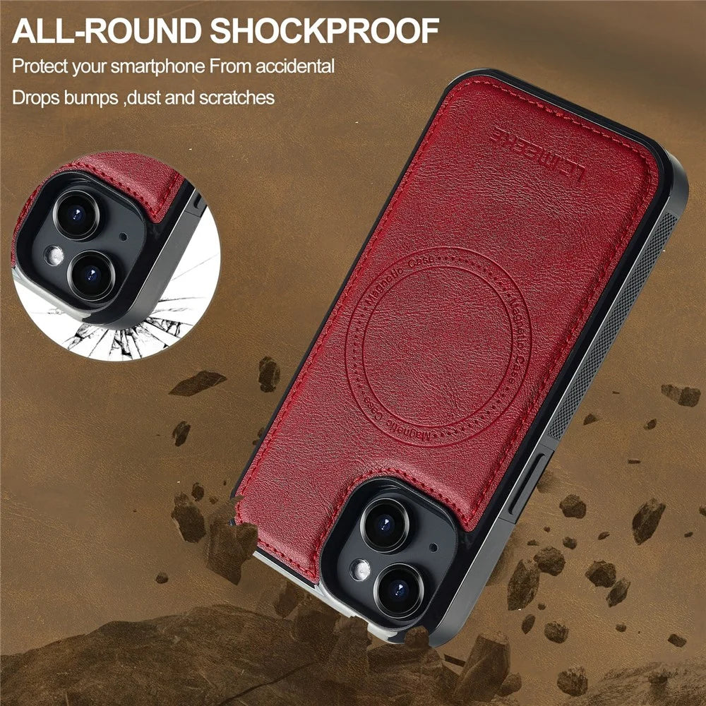 LC.IMEEKE For iPhone 15 Magnetic Case Compatible with MagSafe Leather+TPU Back Cover - Red - 6
