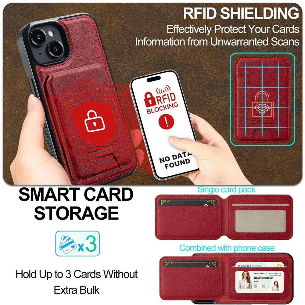 LC.IMEEKE L3 For iPhone 15 Magnetic Case Detachable Card Holder Leather+TPU Mobile Cover - Red - 6