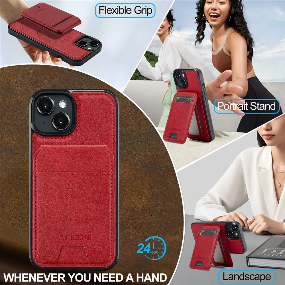 LC.IMEEKE L3 For iPhone 15 Magnetic Case Detachable Card Holder Leather+TPU Mobile Cover - Red - 7