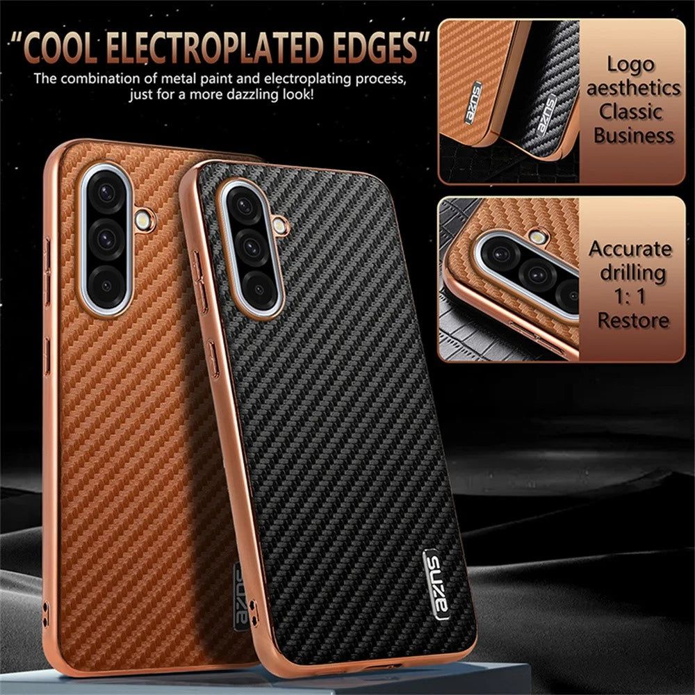 AZNS For Samsung Galaxy A36 5G Case Electroplating Carbon Fiber Texture PU+TPU Phone Cover - Brown - 5