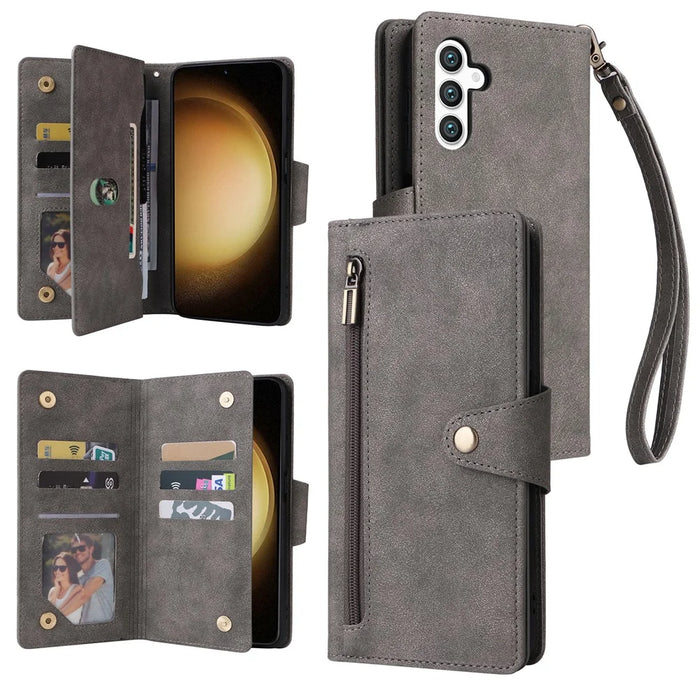 For Samsung Galaxy S25 / S24 Case Zipper Wallet Leather Stand Phone Cover Rivet Decor - Grey - 1