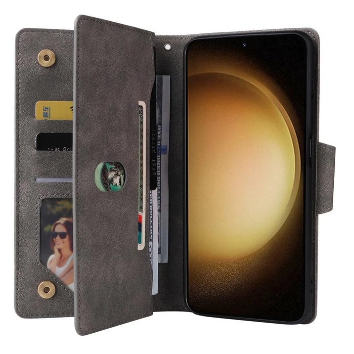 For Samsung Galaxy S25 / S24 Case Zipper Wallet Leather Stand Phone Cover Rivet Decor - Grey - 3