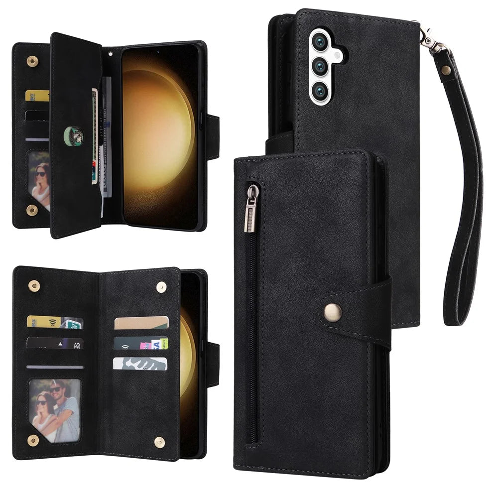For Samsung Galaxy S25+ / S24+ Case Zipper Wallet Leather Stand Phone Cover Rivet Decor - Black - 1