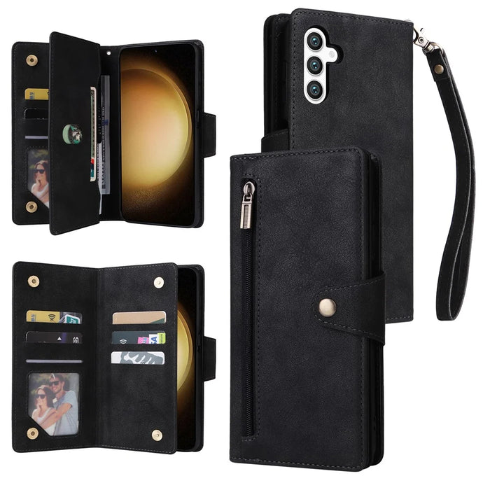 For Samsung Galaxy S25+ / S24+ Case Zipper Wallet Leather Stand Phone Cover Rivet Decor - Black - 1