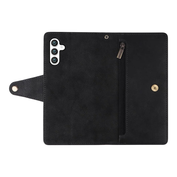 For Samsung Galaxy S25+ / S24+ Case Zipper Wallet Leather Stand Phone Cover Rivet Decor - Black - 6