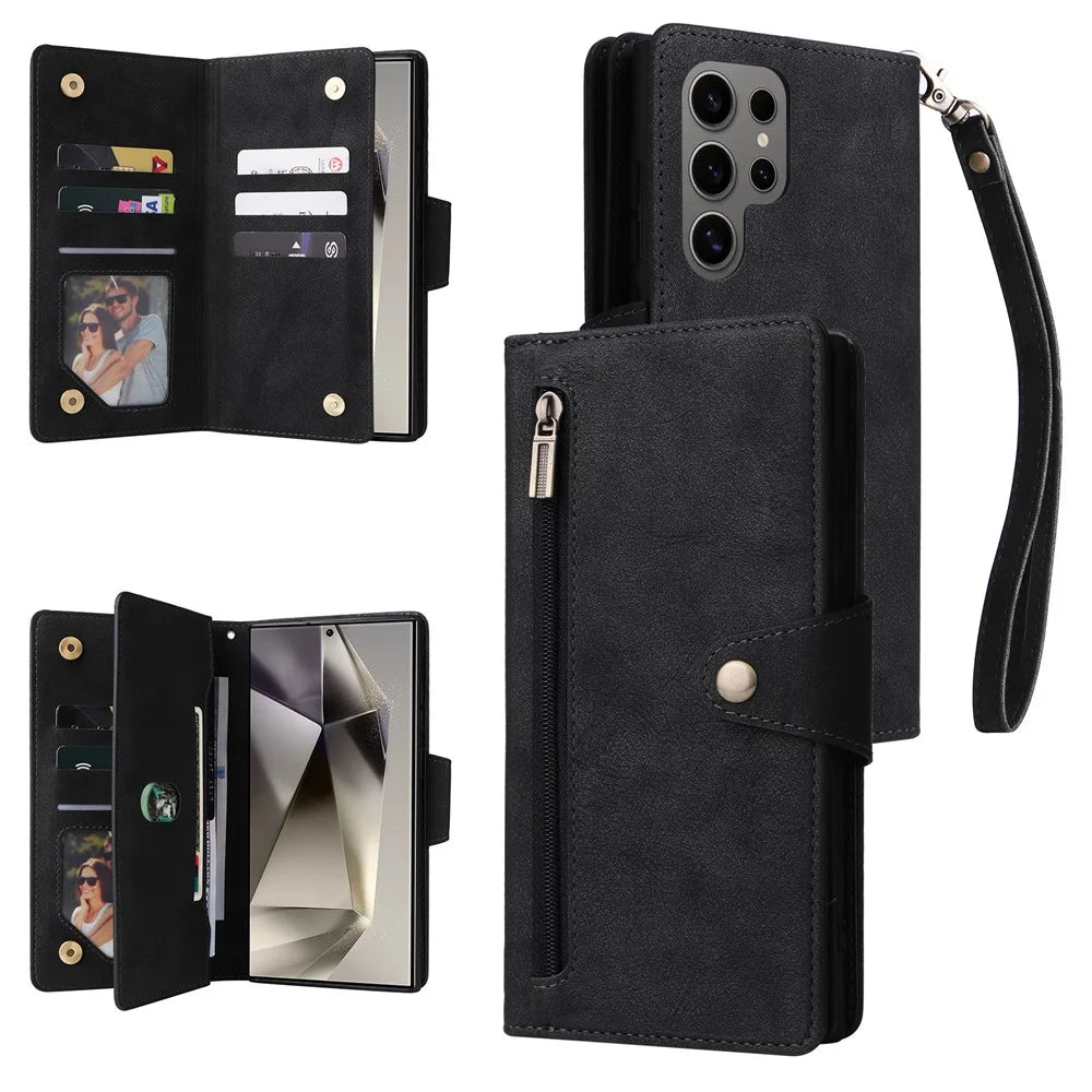 For Samsung Galaxy S25 Ultra Case Zipper Wallet Leather Stand Phone Cover Rivet Decor - Black - 1