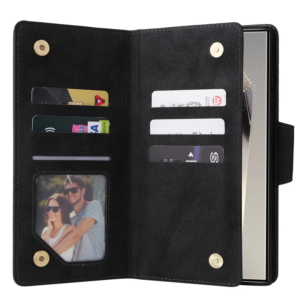 For Samsung Galaxy S25 Ultra Case Zipper Wallet Leather Stand Phone Cover Rivet Decor - Black - 2