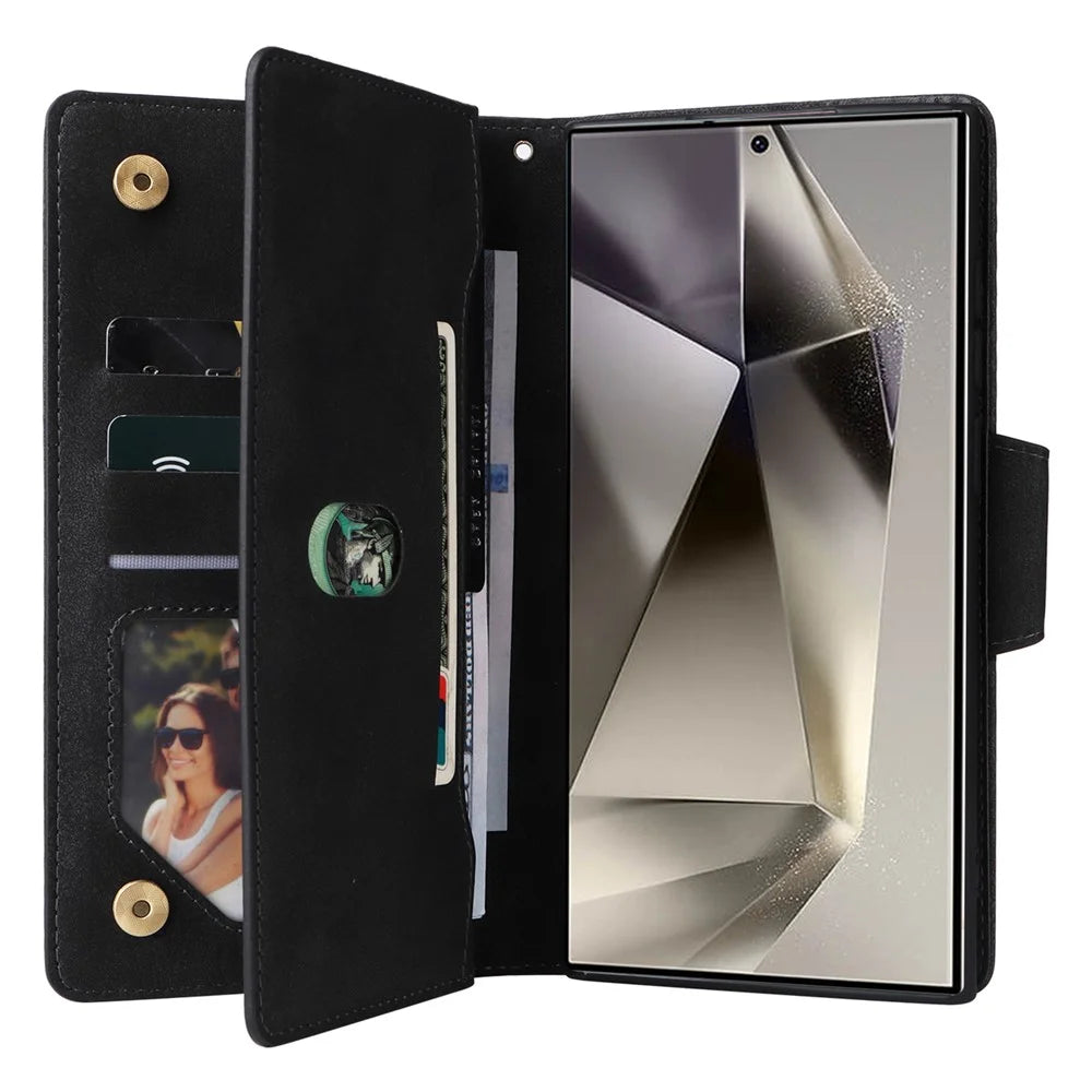 For Samsung Galaxy S25 Ultra Case Zipper Wallet Leather Stand Phone Cover Rivet Decor - Black - 3