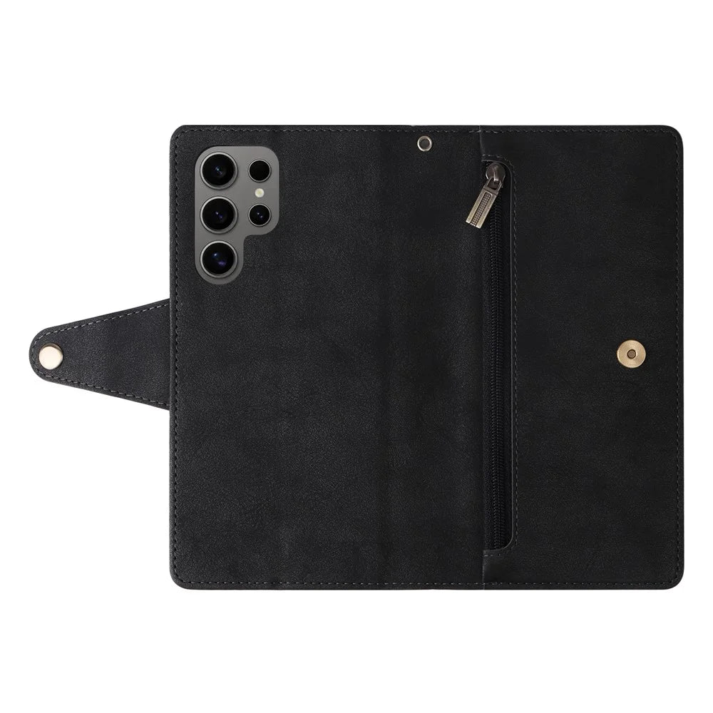 For Samsung Galaxy S25 Ultra Case Zipper Wallet Leather Stand Phone Cover Rivet Decor - Black - 6