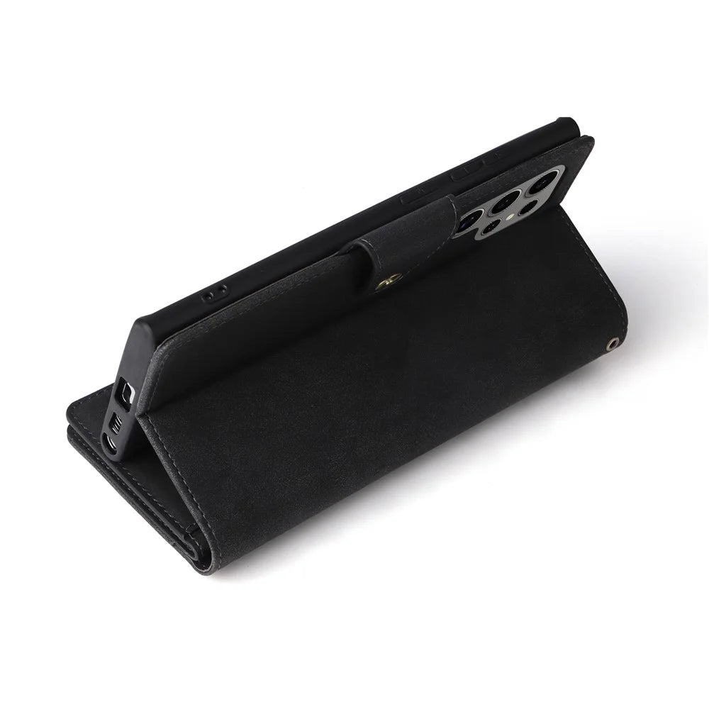 For Samsung Galaxy S25 Ultra Case Zipper Wallet Leather Stand Phone Cover Rivet Decor - Black - 7