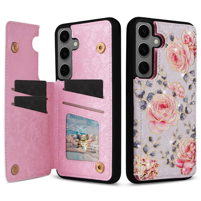 For Samsung Galaxy S25 Case Flower Leather+TPU RFID Blocking Phone Cover Card Slots - Rose - 1