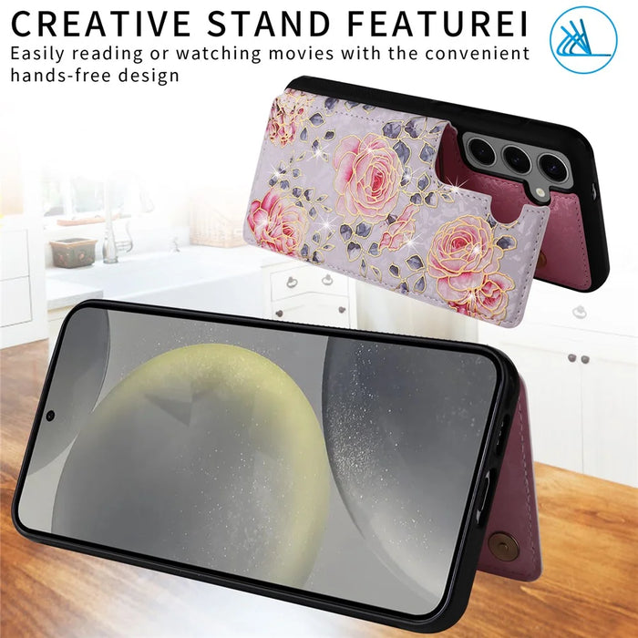 For Samsung Galaxy S25 Case Flower Leather+TPU RFID Blocking Phone Cover Card Slots - Rose - 3
