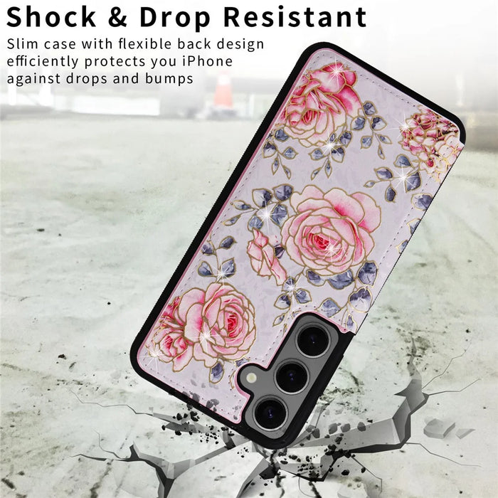 For Samsung Galaxy S25 Case Flower Leather+TPU RFID Blocking Phone Cover Card Slots - Rose - 7
