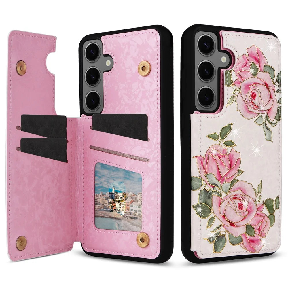 For Samsung Galaxy S25+ Case Flower Leather+TPU RFID Blocking Phone Cover Card Slots - Rose Flower - 1