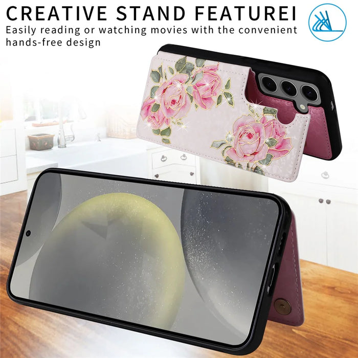 For Samsung Galaxy S25+ Case Flower Leather+TPU RFID Blocking Phone Cover Card Slots - Rose Flower - 3