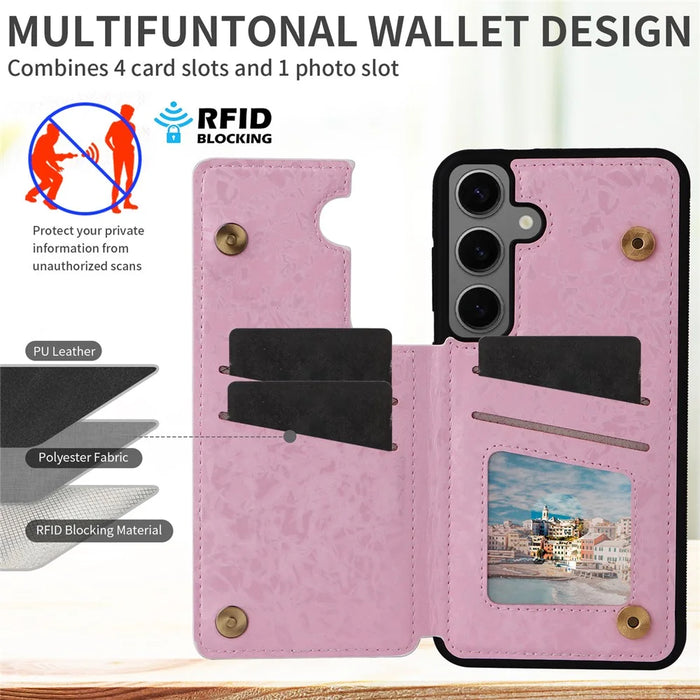 For Samsung Galaxy S25+ Case Flower Leather+TPU RFID Blocking Phone Cover Card Slots - Rose Flower - 4