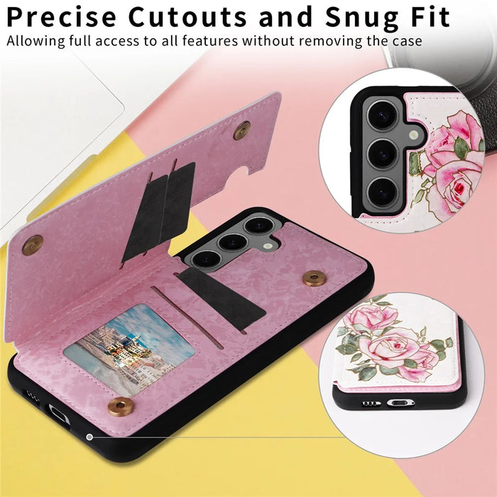 For Samsung Galaxy S25+ Case Flower Leather+TPU RFID Blocking Phone Cover Card Slots - Rose Flower - 6