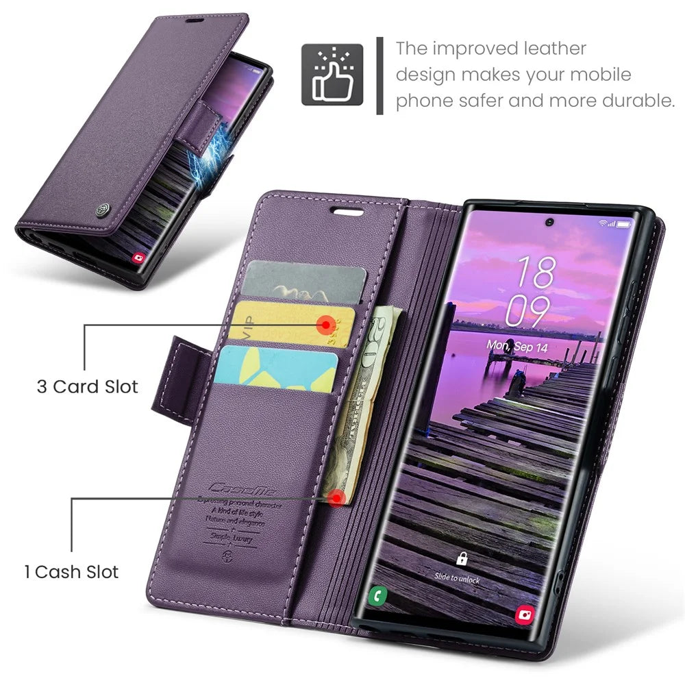 CASEME 023 For Samsung Galaxy S25 Ultra Leather Case RFID Blocking 3 Card Slot Mobile Cover - Purple - 6