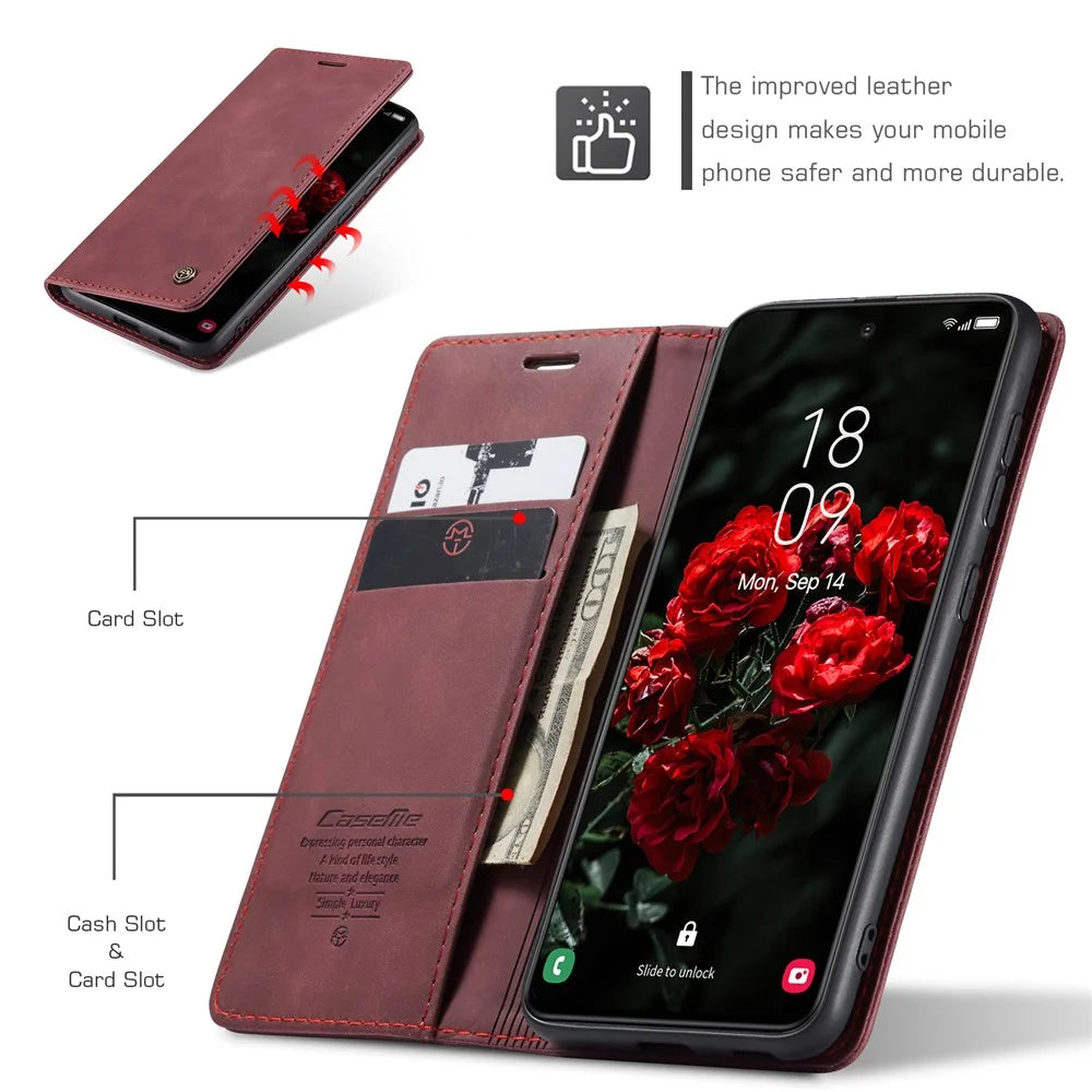 CASEME For Samsung Galaxy S25 Case  013 Series Card Holder Stand Leather Phone Cover - Red - 7