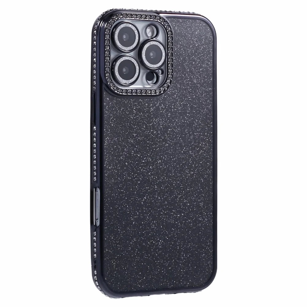 For iPhone 16 Pro Case Camera Lens Guard Clear Phone Back Cover Rhinestone Decor With Glitter Paper - Black - 1