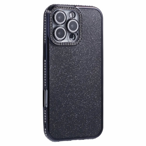 For iPhone 16 Pro Case Camera Lens Guard Clear Phone Back Cover Rhinestone Decor With Glitter Paper - Black - 1