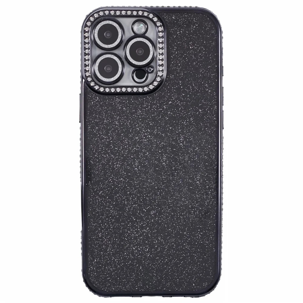 For iPhone 16 Pro Case Camera Lens Guard Clear Phone Back Cover Rhinestone Decor With Glitter Paper - Black - 3