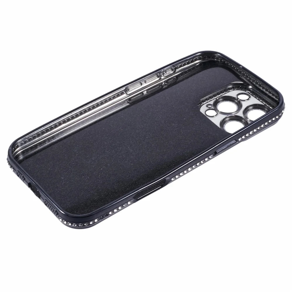 For iPhone 16 Pro Case Camera Lens Guard Clear Phone Back Cover Rhinestone Decor With Glitter Paper - Black - 4