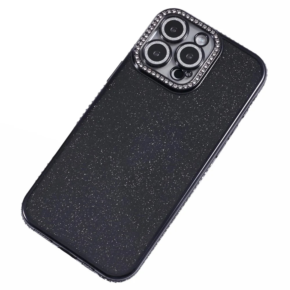 For iPhone 16 Pro Case Camera Lens Guard Clear Phone Back Cover Rhinestone Decor With Glitter Paper - Black - 5