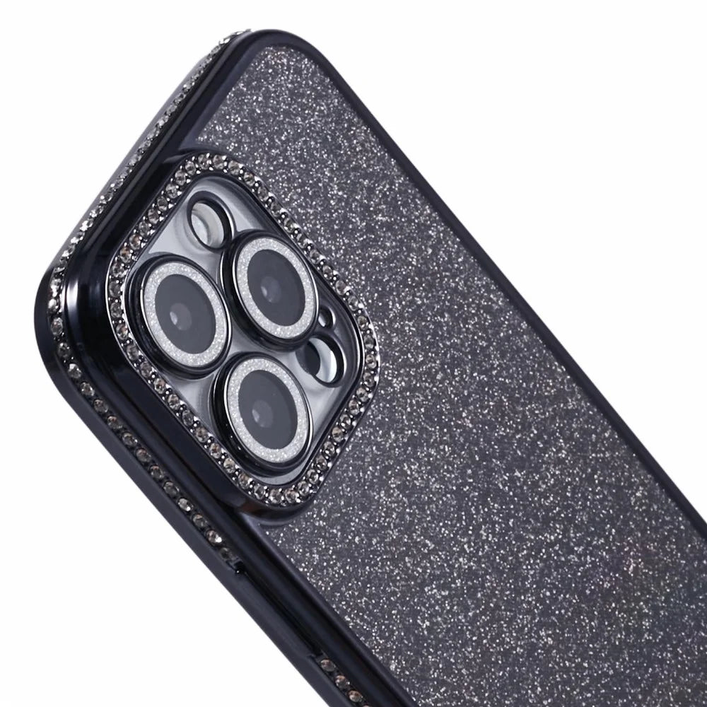 For iPhone 16 Pro Case Camera Lens Guard Clear Phone Back Cover Rhinestone Decor With Glitter Paper - Black - 6