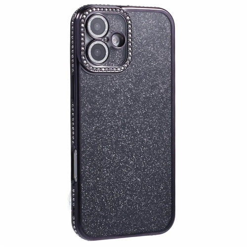 For iPhone 16 Plus Case Camera Lens Guard Clear Phone Back Cover Rhinestone Decor With Glitter Paper - Black - 1