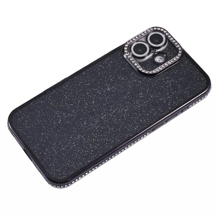 For iPhone 16 Plus Case Camera Lens Guard Clear Phone Back Cover Rhinestone Decor With Glitter Paper - Black - 5