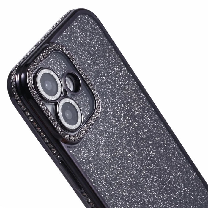 For iPhone 16 Plus Case Camera Lens Guard Clear Phone Back Cover Rhinestone Decor With Glitter Paper - Black - 6