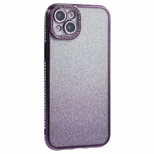 For iPhone 15 Case Camera Lens Guard Clear Phone Back Cover Rhinestone Decor With Glitter Paper - Gradient Dark Purple - 1
