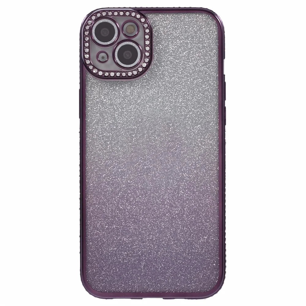 For iPhone 15 Case Camera Lens Guard Clear Phone Back Cover Rhinestone Decor With Glitter Paper - Gradient Dark Purple - 3