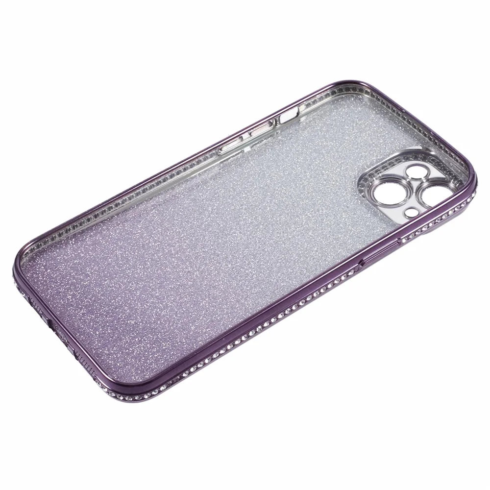 For iPhone 15 Case Camera Lens Guard Clear Phone Back Cover Rhinestone Decor With Glitter Paper - Gradient Dark Purple - 4
