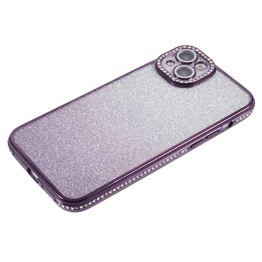 For iPhone 15 Case Camera Lens Guard Clear Phone Back Cover Rhinestone Decor With Glitter Paper - Gradient Dark Purple - 5