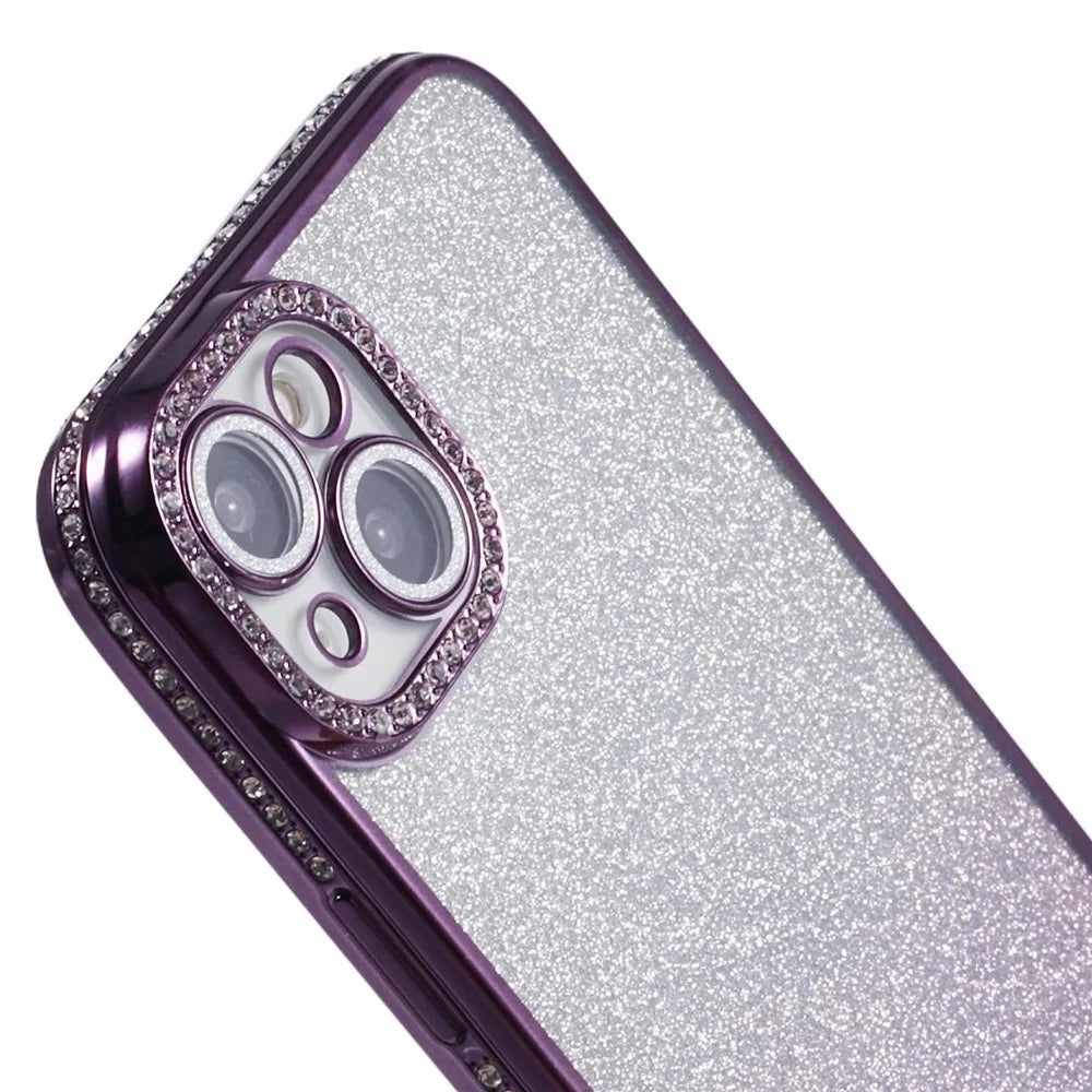 For iPhone 15 Case Camera Lens Guard Clear Phone Back Cover Rhinestone Decor With Glitter Paper - Gradient Dark Purple - 6