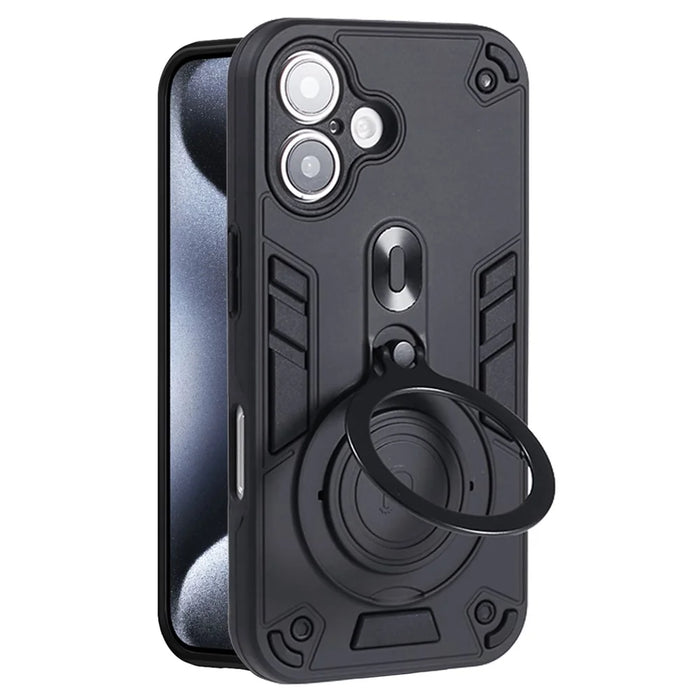 For iPhone 16 Case Rotatable Kickstand PC+TPU Drop Protection Phone Cover - Black - 1