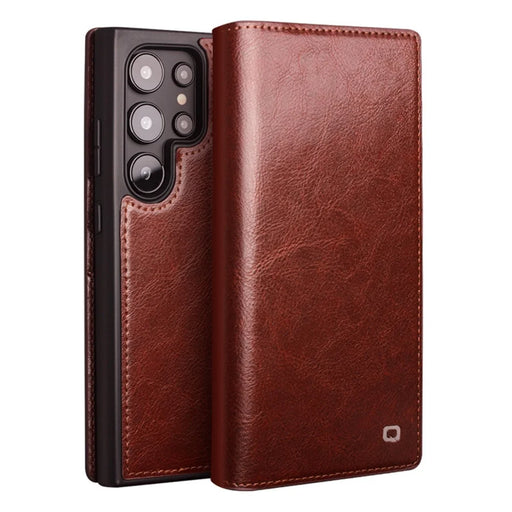 QIALINO For Samsung Galaxy S25 Ultra Case Genuine Cowhide Leather Flip Wallet Phone Cover with Stand - Brown - 1