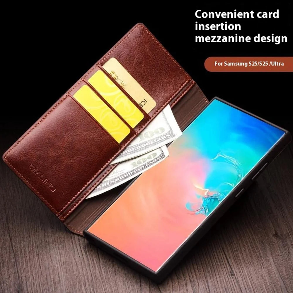 QIALINO For Samsung Galaxy S25 Ultra Case Genuine Cowhide Leather Flip Wallet Phone Cover with Stand - Brown - 3