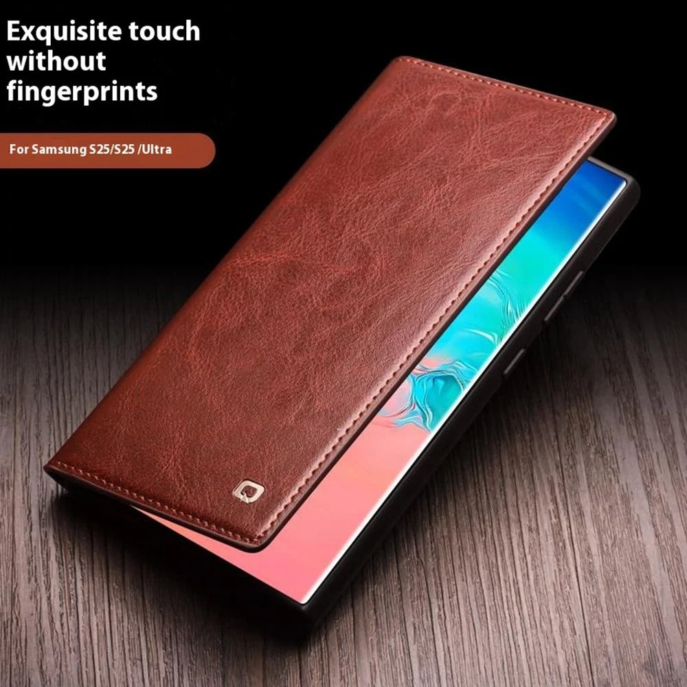 QIALINO For Samsung Galaxy S25 Ultra Case Genuine Cowhide Leather Flip Wallet Phone Cover with Stand - Brown - 4