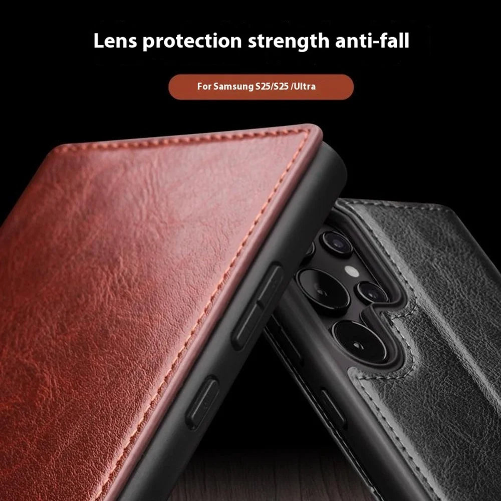 QIALINO For Samsung Galaxy S25 Ultra Case Genuine Cowhide Leather Flip Wallet Phone Cover with Stand - Brown - 6