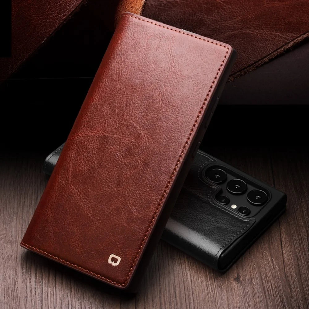 QIALINO For Samsung Galaxy S25 Ultra Case Genuine Cowhide Leather Flip Wallet Phone Cover with Stand - Brown - 7