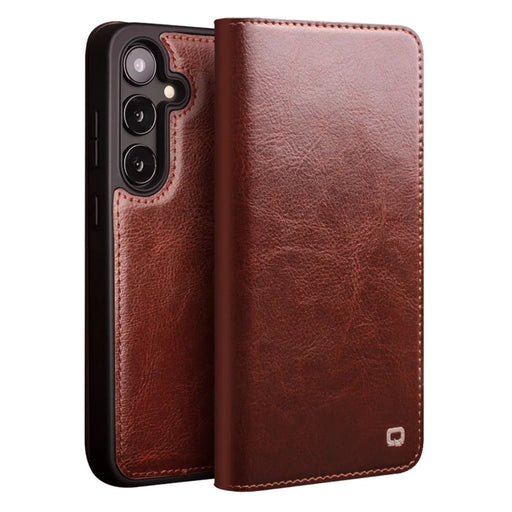 QIALINO For Samsung Galaxy S25+ Case Wallet Flip Stand Phone Cover Genuine Cow Leather - Brown - 1