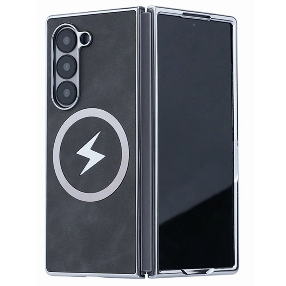 For Samsung Galaxy Z Fold6 5G Magnetic Case Leather+PC+Metal Phone Cover - Black - 1